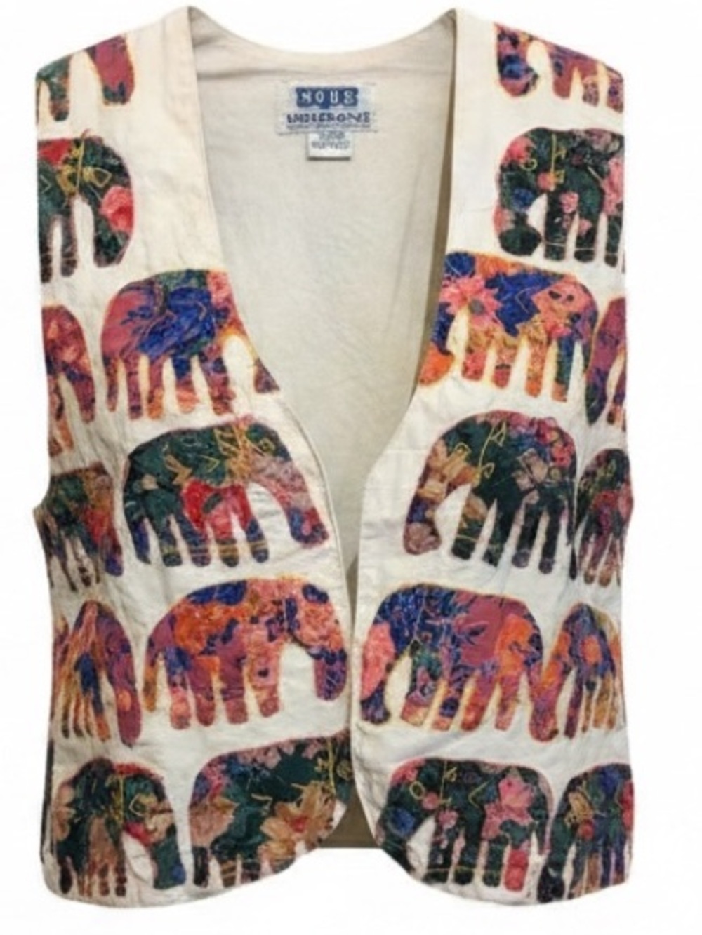 VTG SOHO Artisan Elephant Patch Work Vest Cotton Open Oversized Boho Handcrafted